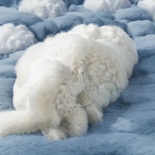 Prompt: a white fluffy sheep sleeping on a blue cloud