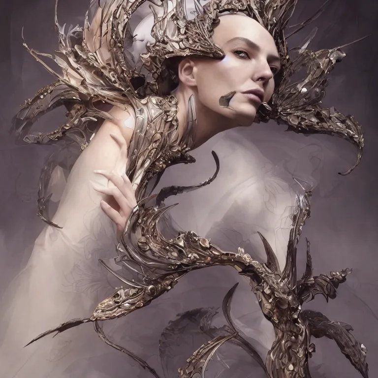 Image similar to beautiful cinematic fantasy character concept of an elegant fierce woman wearing haute couture by iris van herpen and Yohji Yamamoto and Neri Oxmanand Niccolo Casas and anouk wipprecht and behnaz farahi and jessica rosenkrantz and noa raviv and jun kamei , hybrid, by artgerm; wayne reynolds art station; cinematic quality character render; low angle; ultra high quality model; production quality cinema model;