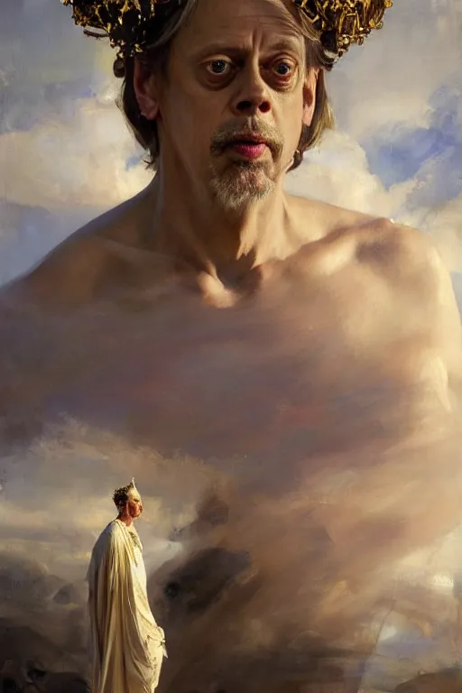 Image similar to beautiful oil painting portrait of ancient roman god emperor steve buscemi wearing the civic crown levitating and ascending religious pose, ascension, art by anders zorn, wonderful masterpiece by greg rutkowski, expressive brush strokes, beautiful cinematic light, american romanticism by greg manchess, jessica rossier