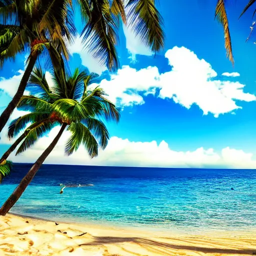 Image similar to Artstation art of a beautiful beach with fantastic luxury blue colors on the beach of hawaii, UHD quality, stunning beauty, incredible light from the Sun, award-winning beauty