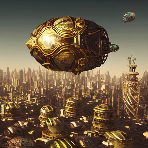 Prompt: enormous flying city in a faberge egg, sky, steampunk, fantasy art, masterpiece, octane render