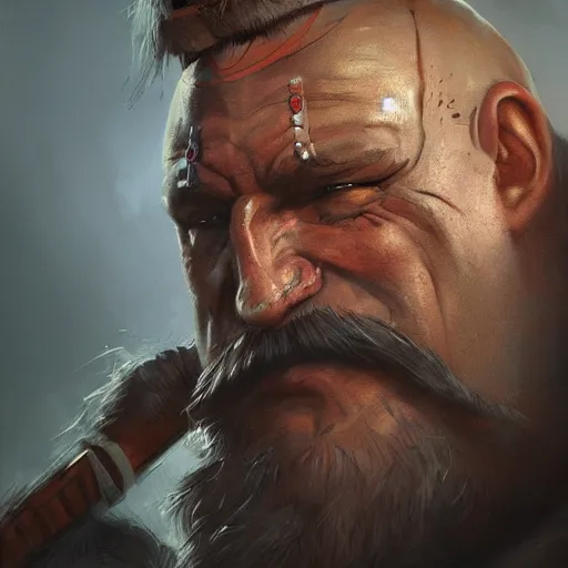 Prompt: portrait old barbarian warrior with face tattoo and trucker mustache, 8 k, trending on art station, by tooth wu and greg rutkowski