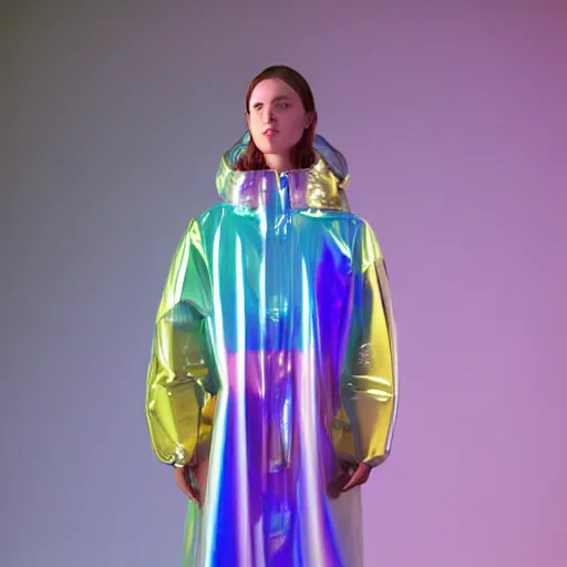 Prompt: an ultra high definition professional studio quality photograph of a transparent iridescent perspex pastel coloured raincoat and head tent on a model in an empty white room. dramatic lighting, ray tracing, refraction, shallow d. o. f, colour corrected, golden ratio, three point light. volumetric shadows. light rays.