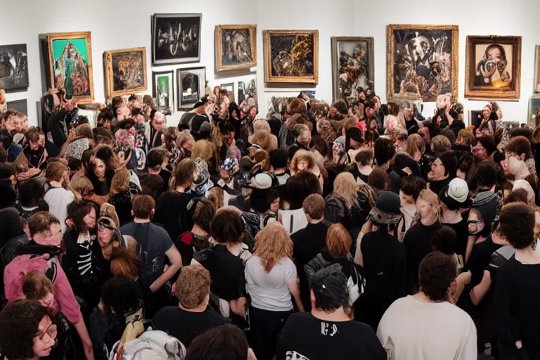 Image similar to a big group of punk people destroying a museum art show