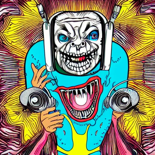 Image similar to artgerm, psychedelic laughing cronenberg friendly looking horror creature, rocking out, headphones dj rave, digital artwork, r. crumb, svg vector