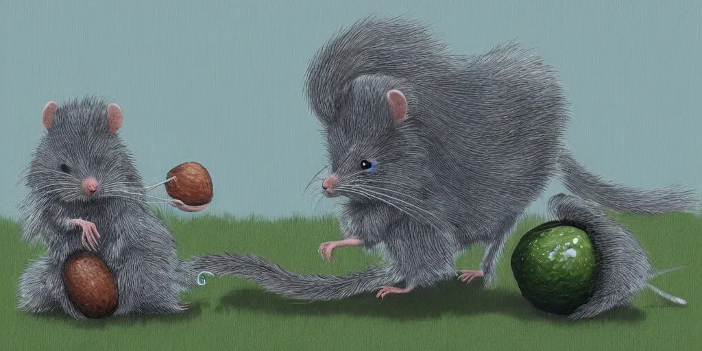 Prompt: gray, fluffy rat eating avocado, in the style of Simon Stålenhag  -H 1024