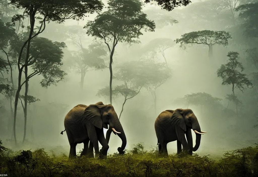 Image similar to an enormous elephant king, in a jungle with ominous light from above, ambient light, fog, river, very poetic