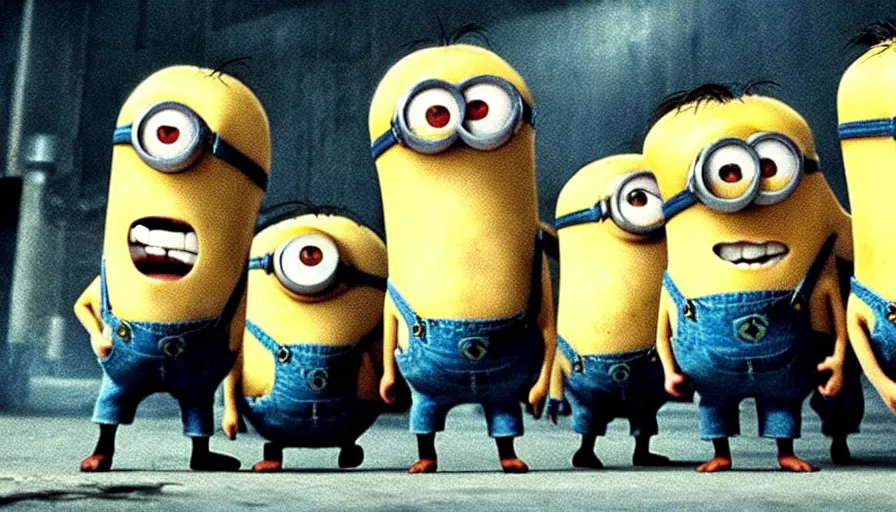 Image similar to fight club!!!!, fight club!!!! (((the minions))), movie still, directed by David fincher