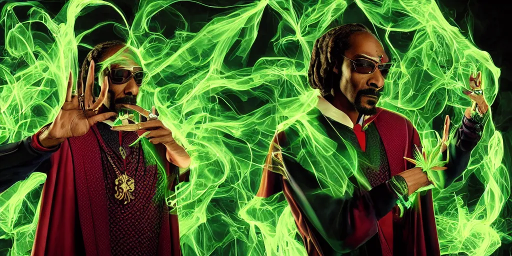 Image similar to snoop dogg doctor strange, smoke weed, marijuana, marijuana leaves, green light, highly detailed, environmental light, cinematic by francis tneh