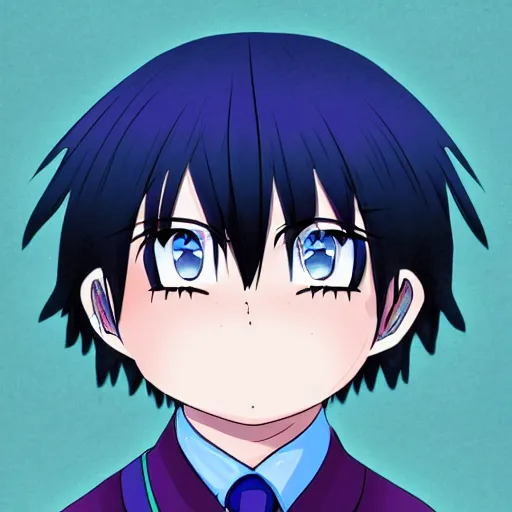 Image similar to small boy with black hair and blue purple eye, school uniform, anime style, hyper detailed, illustration, digital painting