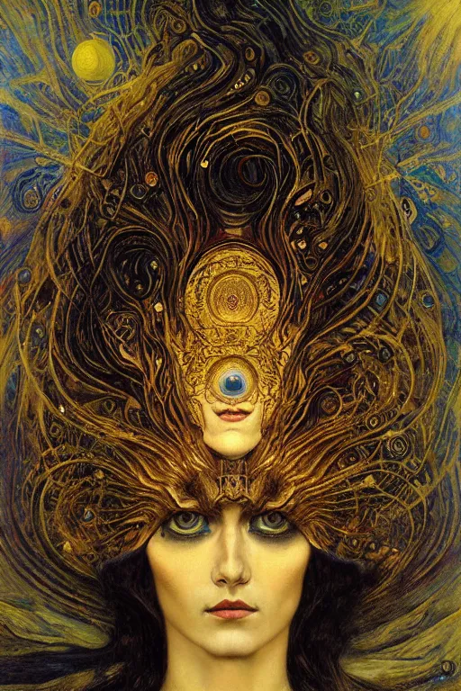 Image similar to Divine Chaos Engine by Karol Bak, Jean Deville, Gustav Klimt, and Vincent Van Gogh, beautiful visionary mystical portrait, sacred, otherworldly, fractal structures, surreal, dreamscape, ornate gilded medieval icon, third eye, spirals