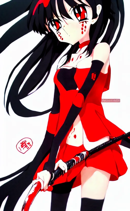 Prompt: anime girl with a detailed face and black hair in a red outfit, full body, trending, illustration, kill la kill style, by hiroyuki imaishi