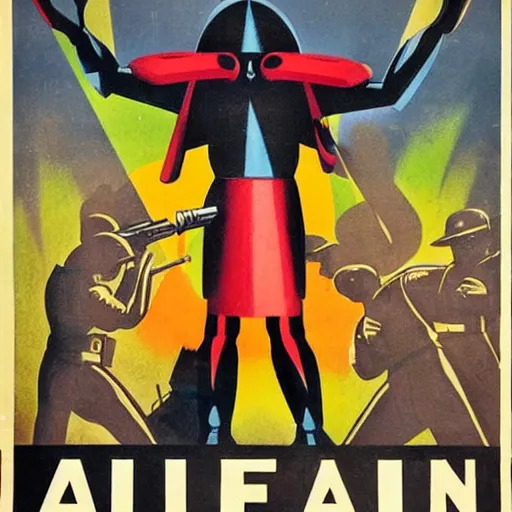 Prompt: a 1930s propaganda poster of an alien war