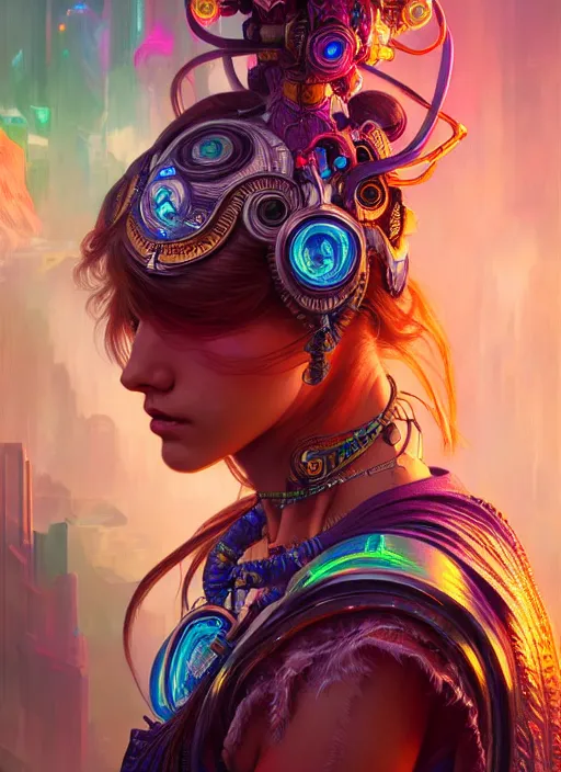 Prompt: hyper detailed ultra sharp of a beautiful shaman trance girl. trending on artstation, cyberpunk aesthetic, psywave, colorful, psychedelic, ornate, intricate, digital painting, concept art, smooth, sharp focus, illustration, art by artgerm and greg rutkowski and alphonse mucha, 8 k