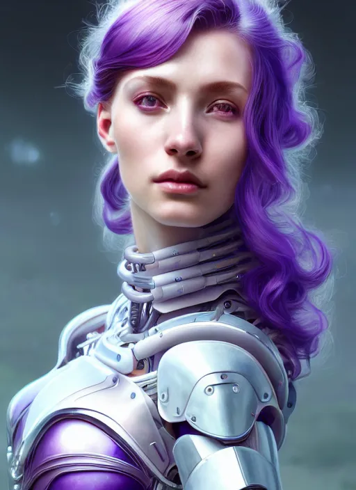 Image similar to a photorealistic detailed image of a beautiful stoic pale woman in sci - fi bionic armor with purple hair, detailed, intricate, elegant, highly detailed, digital painting, artstation, concept art, smooth, sharp focus, illustration, art by hana yata, artem demura, alphonse mucha, octane render, unreal engine, 8 k