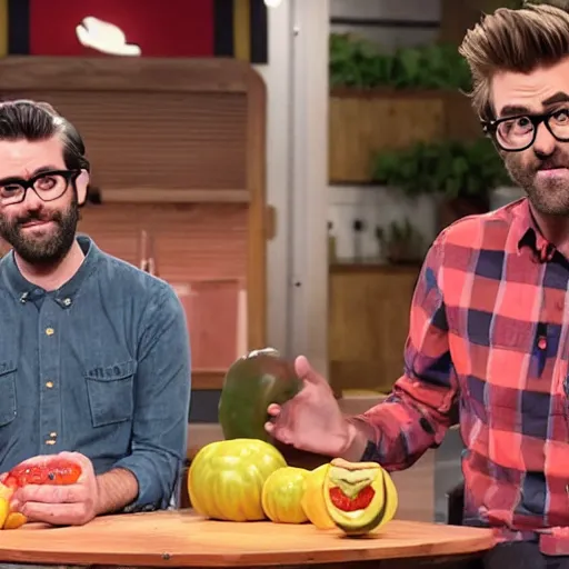 Prompt: rhett and link sitting on the set of good mythical morning, with a new guest a tomato monster