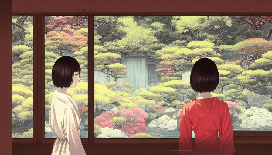 Prompt: painting of a beautiful girl in japan, looking out a window at a temple garden filled with yokai and spirits, uhd, high detail, by ilya kuvshinov