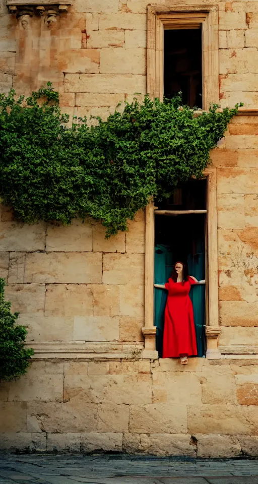 Prompt: beautiful woman in red dress hanging out the window of pastel yellow ancient roman architecture, blue sky behind the building, green grass on the ground, majestic, ethereal, minimalistic, aesthetic, two tone, photorealistic