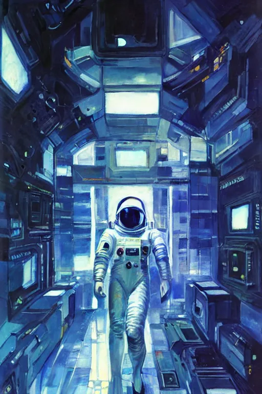 Image similar to a futuristic cybernatic astronaut, led lights, painting by greg ruthowski, alphonse murac, yoji shinkawa, john berkey, wlop, craig mullins, collaborative artwork, exquisitely high quality and detailed