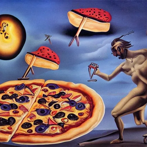 Prompt: Dream of pizza, vibrant, surrealism, by Salvador Dali