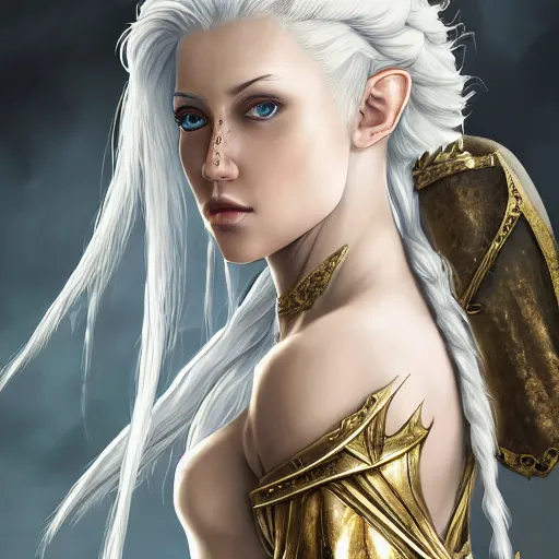 Prompt: side portrait of a young female elven warrior, fantasy, white hair, gold armour, white skin, scarred face, trending on artstation, gsociety, D&D, elegant, highly detailed, realistic eyes, detailed illustration, smooth, sharp focus, upper body, intricate, rule of thirds, holy glow, backlit, dark background hd 4k by Greg Rutkowski, Alphonse Mucha, Ayami Kojima, Charlie Bowater, Artgerm, Loish, Kentaro Miura, Karol Bak, Greg Hildebrandt, Norman Rockwell