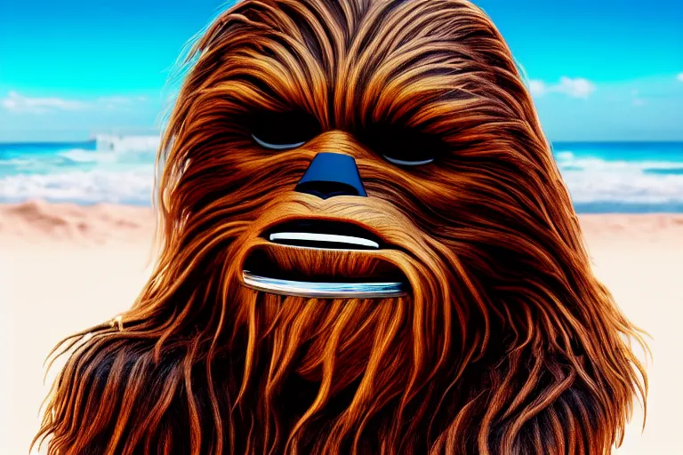 Prompt: Chewbacca wearing a bikini lounging on a beach, fashion photography, studio lighting, super resolution, Star Wars, Wookie, hyper realistic, trending on artstation, artstationHD, artstationHQ, 4k, 8k