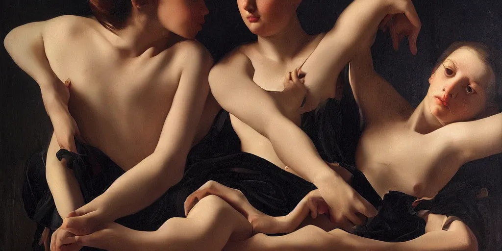 Image similar to beautiful oil matte portrait painting, multiple arms legs and torsos intertwined, wonderful masterpiece highly detailed, beautiful cinematic light deep focus, elegant, digital painting, smooth, sharp focus, golden ratio, dramatic illumination, ultra realistic, 8 k, art by artemisia lomi gentileschi and caravaggio