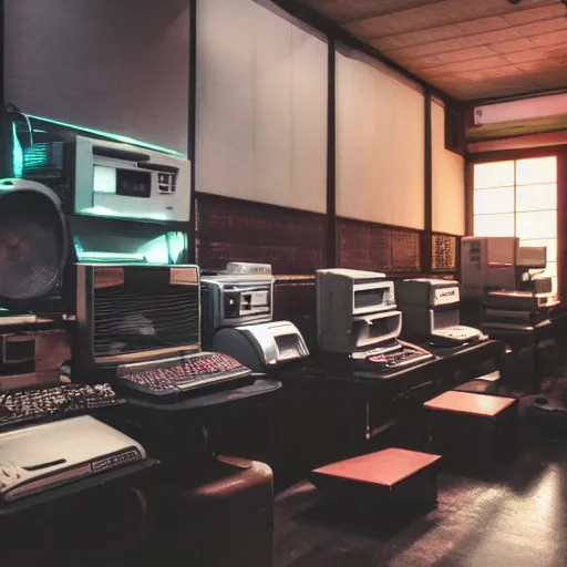 Prompt: old computers in a japanese thrift store, cinematic light, atmospheric, synthwave atmosphere, 8 k photography