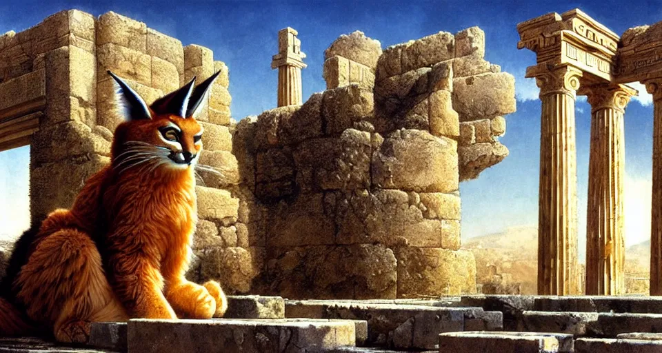 Image similar to pixar cute fluffy caracal in laurel wreath in a ancient greek town, marble temple, olive trees, sunny chris foss, john harris,, wayne barlowe