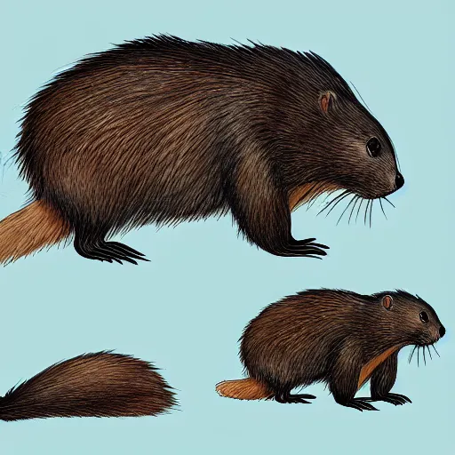 Prompt: a beaver full body in profile with a big tail and big front teeth, concept art