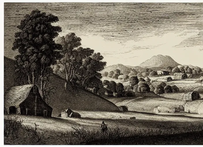 Image similar to a beautiful engraving print on paper of rural landscape with a farm