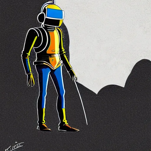 Image similar to a study of cell shaded cartoon of a daft punk in the style of howl's moving castle ( 2 0 0 4 ) on a desert road, full body, wide shot, very muted colors, post grunge, studio ghibli, laurie greasley, highly detailed, deviantart, art by artgem