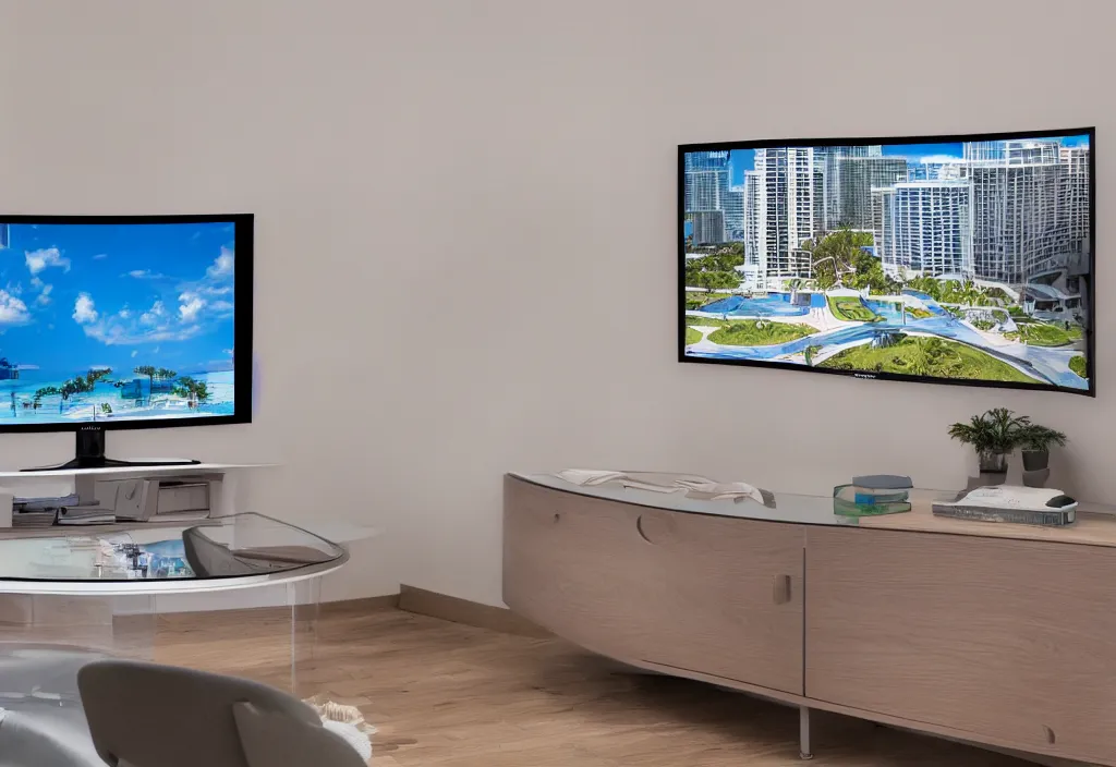 Prompt: curved transparent tv with florida weathermap, volumetric lighting, bedroom, visor, users, pair of keycards on table, bokeh, creterion collection, shot on 7 0 mm, instax