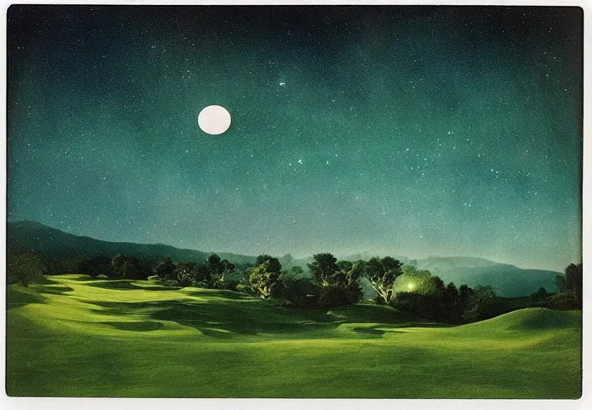 Prompt: eerie moonlight, stone walls, birds eye view of a perfect elysian dreamlike green hilly pastoral astral psychedelic golf course landscape with stone walls under cosmic stars, cherished trees, memory trapped in eternal time, golden hour, dark sky, evening starlight, haunted vintage psychedelic painted polaroid by hiroshi yoshida