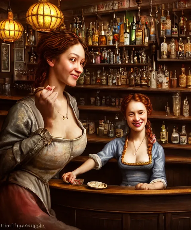 Prompt: hyperrealistic mixed media painting of a beautiful smiling charismatic barmaid, dimly lit cozy tavern, relaxed pose, serving customers at bar, medieval period, stunning 3d render inspired art by Tim Okamura + perfect facial symmetry + dim volumetric lighting, 8k octane beautifully detailed render, post-processing, extremely hyperdetailed, intricate, epic composition, grim yet sparkling atmosphere, cinematic lighting + masterpiece, trending on artstation, very very detailed, masterpiece, stunning