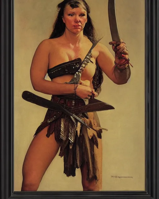 Prompt: frontal portrait of a savage muscular barbarian female with leather armor, by norman rockwell