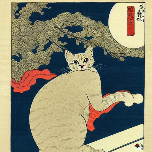 Image similar to japanese cat, ukiyo-e, by Hokusai, by Kuniyoshi