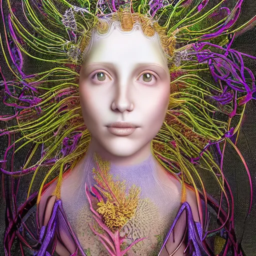 Prompt: complex 3d render ultra detailed portrait of a young beautiful woman made from porcelain colorful nudibranch attached to the head, distributed consciousness, biomechanical cyborg, analog, 150 mm lens, beautiful natural soft rim light, roots, fine foliage lace, ernst haeckel, chitin, visceral, art nouveau , intricate details, satin silver beautiful gold metal details, mesh wire, neri oxman, facial muscles, cable wires, microchip, elegant, hyper realistic, ultra detailed, octane render, silicon and carbon, volumetric lighting, 8k post-production
