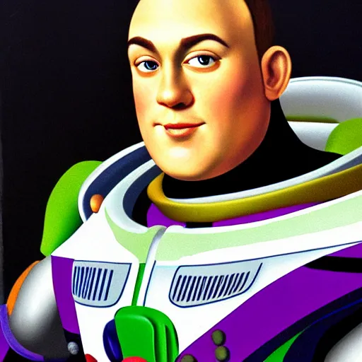 Image similar to a renaissance style portrait painting of Buzz Lightyear