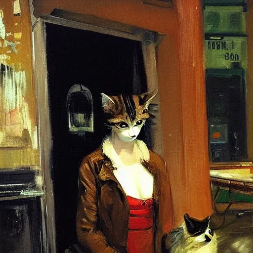 Prompt: “ a girl holding a cat in futuristic new york city, ghostpunk, heavy rain, high detail, oil painting, by george bellows ”