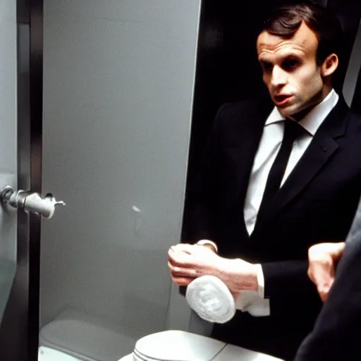 Image similar to Macron in American Psycho toilet scene (1999)