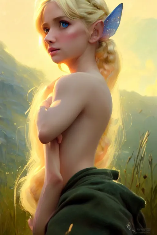 Image similar to cinematic shot of an epic portrait of a cute blonde fairy dressed in military clothes, stylised military clothes, shiny skin, beautiful eyes, beautiful, small details, night setting, realistic poster with volumetric light from jeremy lipkin and michael garmash, craig mallism, artgerm, unreal engine, radiant light, digital art, trends at art station, a masterpiece