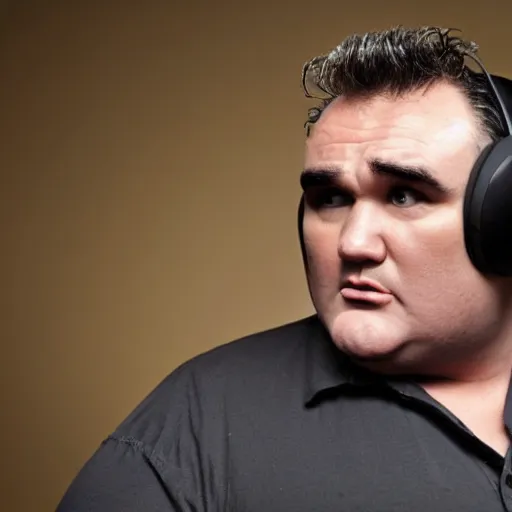 Image similar to obese Morrissey wearing a headset yelling at his monitor while playing WoW highly detailed wide angle lens 10:9 aspect ration award winning photography erasure head