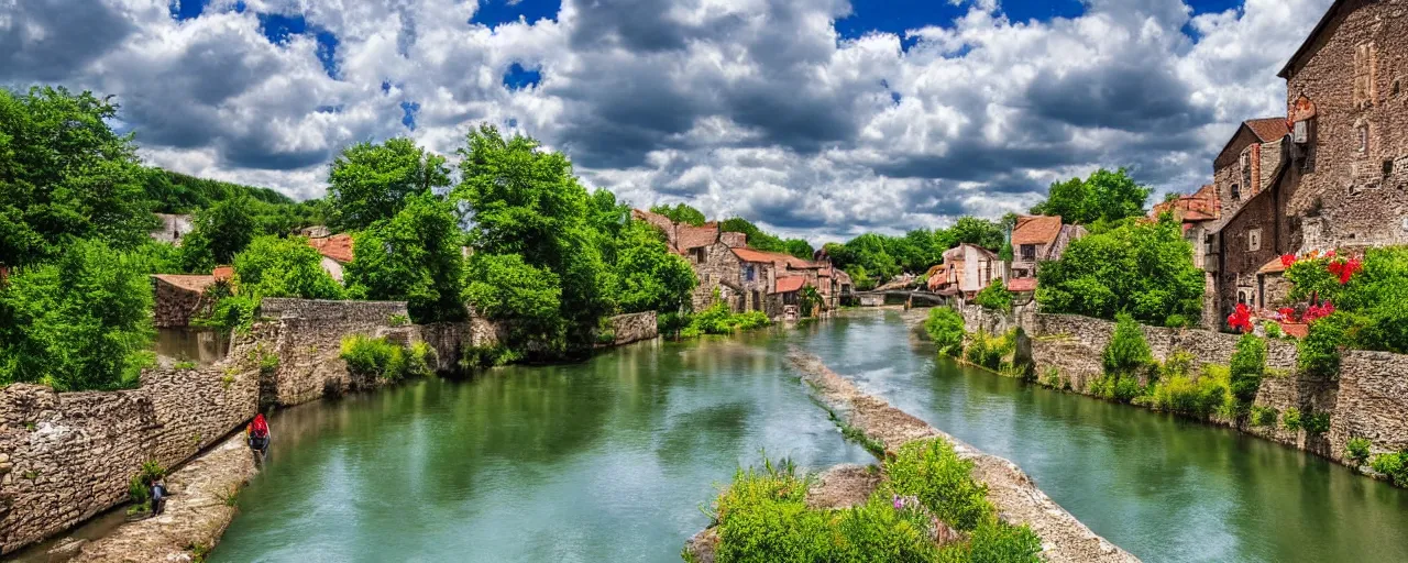 Image similar to a river running through a medieval village, summer, beautiful colors, wide-angle photograph, award winning, highly detailed