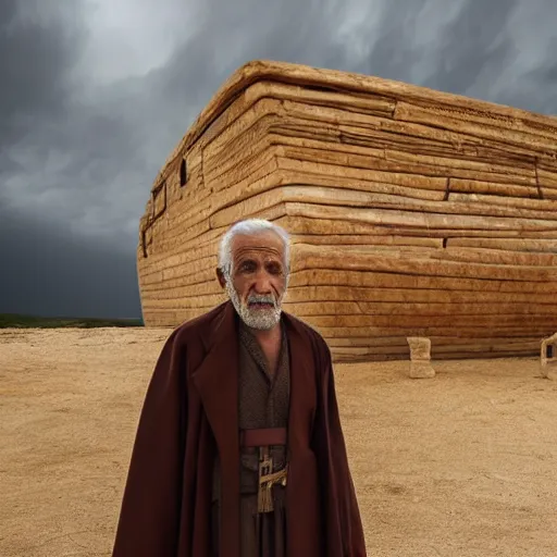 Image similar to cinematic film still of 80 year old Mediterranean skinned man in ancient Canaanite clothing stands in front of Noah's ark. Storm clouds. directed by Steven Spielberg