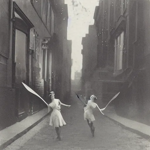 Prompt: a historical old photograph of two fairies flying through a street in brooklyn in the roaring twenties, amazing, in the evening, lights, romantic