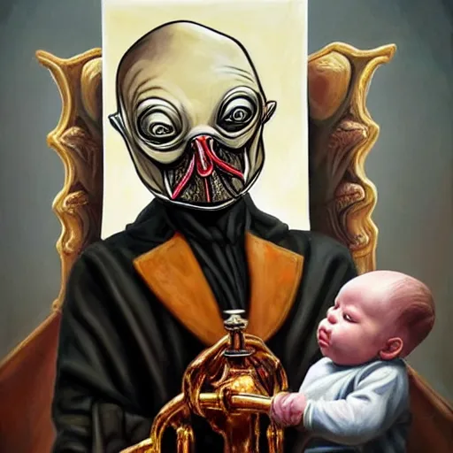 Image similar to hyper realistic painting of a handsome man symmetrical, sitting in a gilded throne, tubes coming out of the man's arm, getting a blood transfusion from a baby. plague doctor in the background created by mike allred