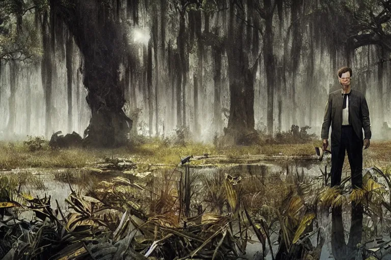 Image similar to scene from louisiana swamps, true detective, artwork 8 0 s japanese sci - fi books art