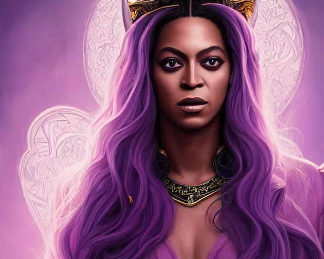 Prompt: a mind - blowing portrait of beyonce as a wizard, purple hair, bat familiar on her sholder, deep focus, d & d, fantasy, intricate, elegant, highly detailed, digital painting, artstation, concept art, matte, sharp, illustration, hearthstone, art by artgerm and greg rutkowski and alphonse mucha