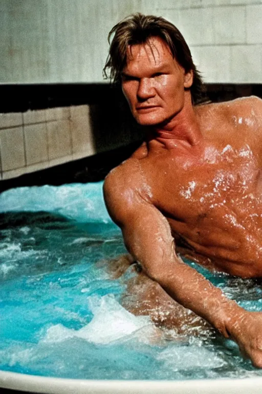 Image similar to patrick swayze swimming in a bath tub of baked beans, realistic, moody grindhouse, dark